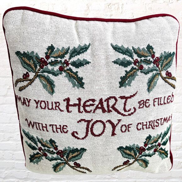 Christmas Throw Pillow Tapestry Heart Joy Letters Woven 12"x 12" Cottage Granny - Picture 2 of 8